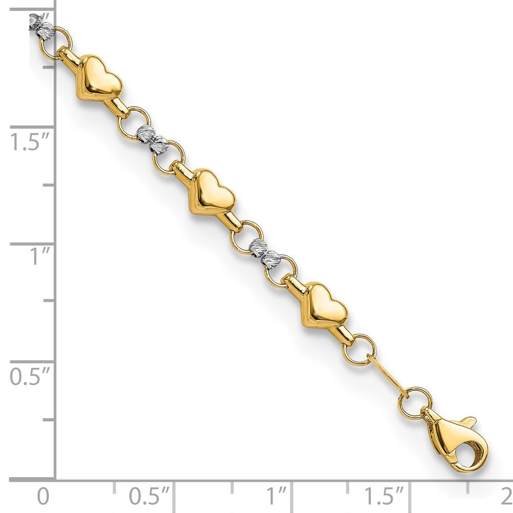14K Two-tone Polished Puffed Hearts with Diamond-cut Beads 7.5 inch Bracelet (3.03 grams)