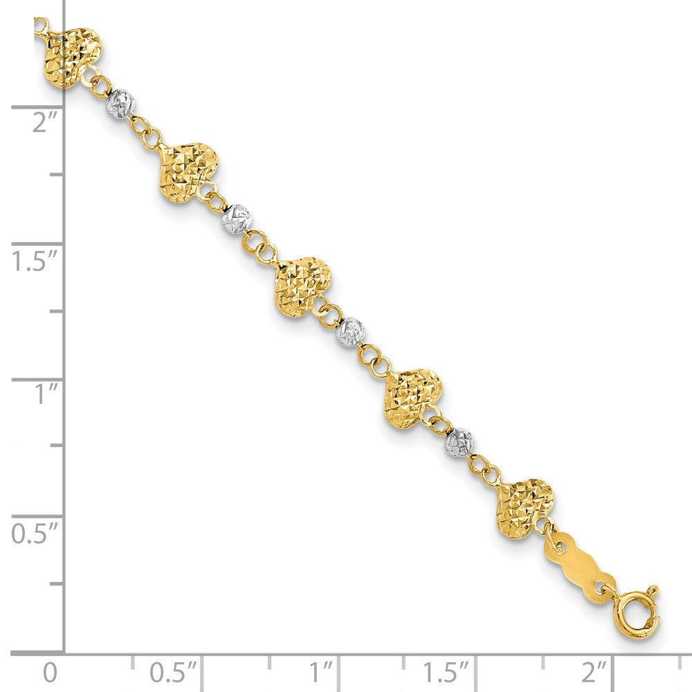 14K Two-tone Diamond-cut Hearts and Beads 7 inch Bracelet (2.23 grams)