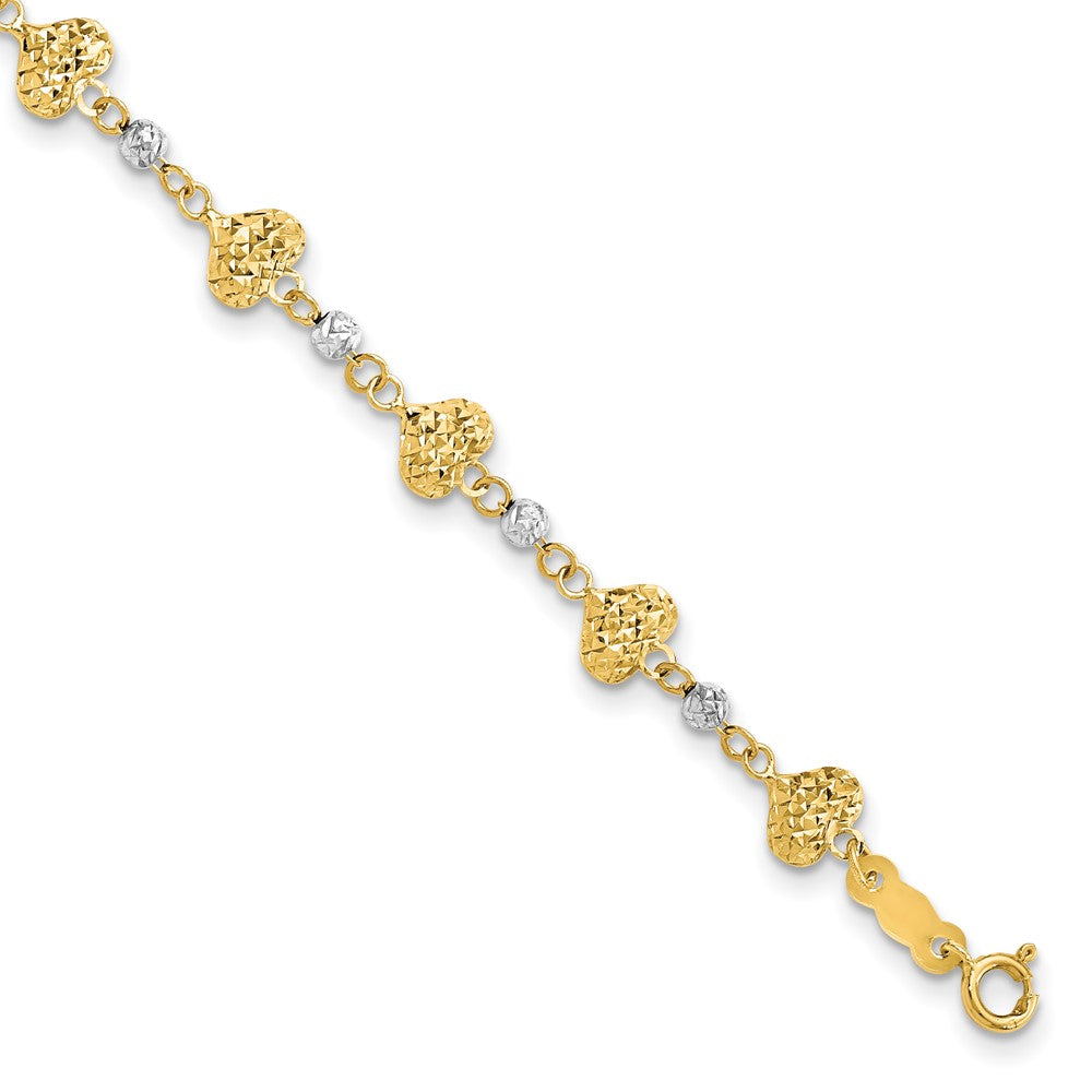 14K Two-tone Diamond-cut Hearts and Beads 7 inch Bracelet (2.23 grams)