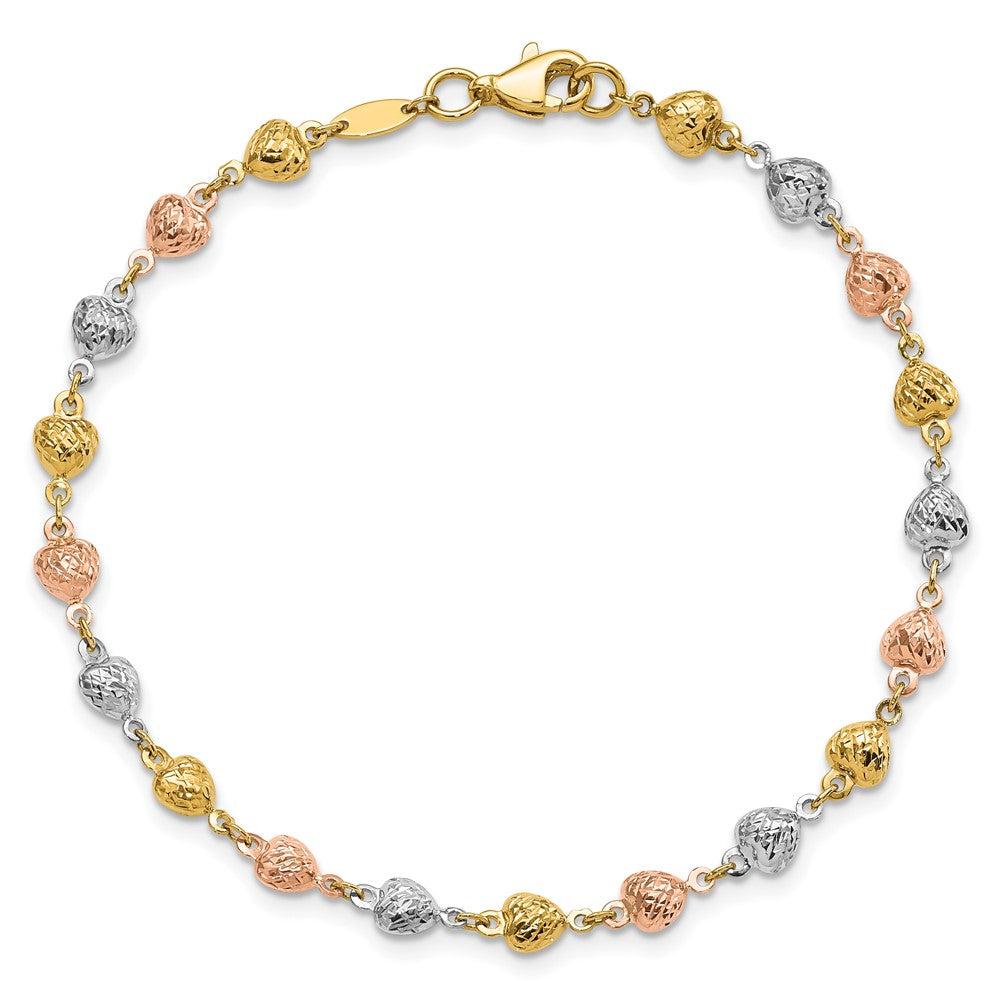 14K Tri-color Polished Diamond-Cut Hearts 7.5 inch Bracelet (3.19 grams)