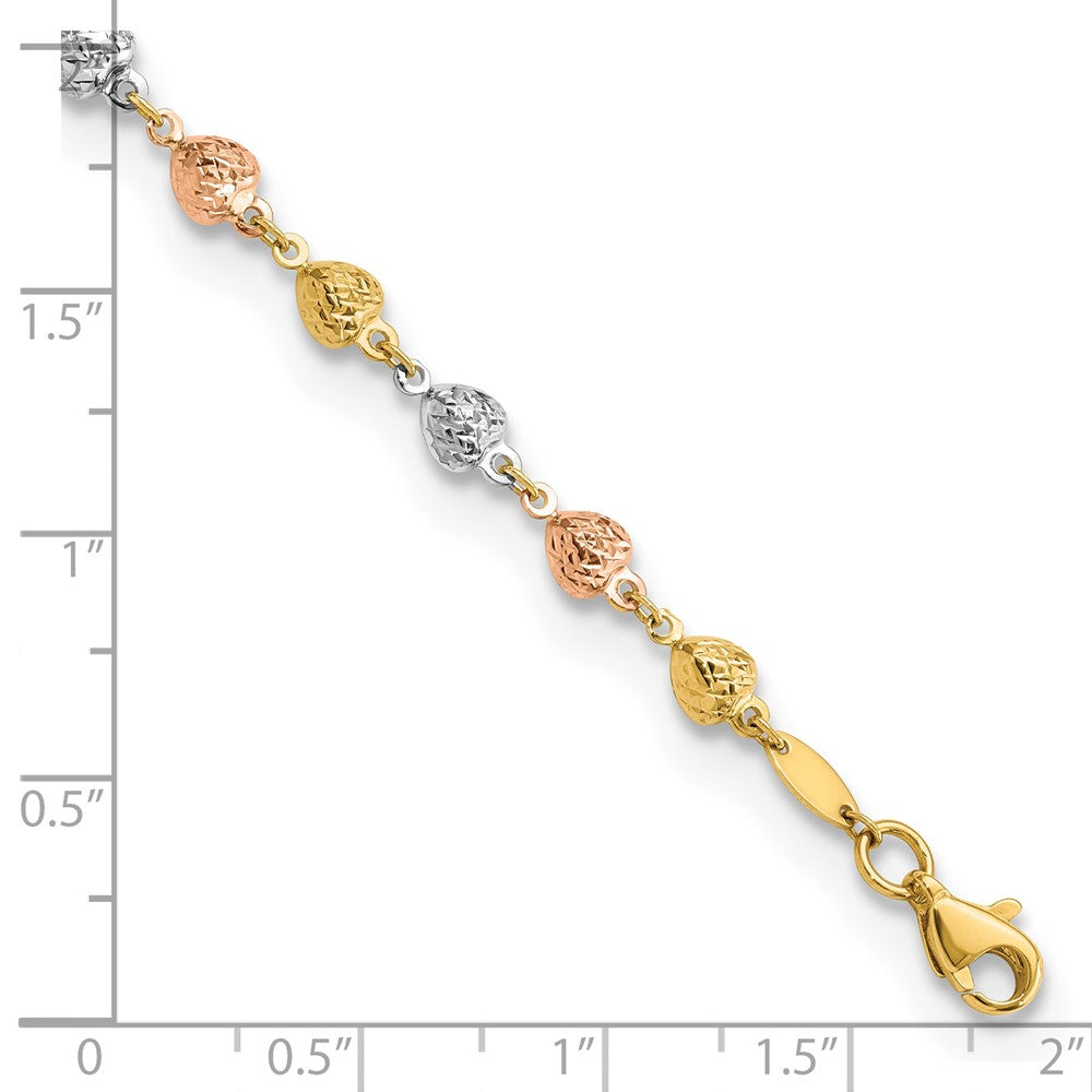 14K Tri-color Polished Diamond-Cut Hearts 7.5 inch Bracelet (3.19 grams)