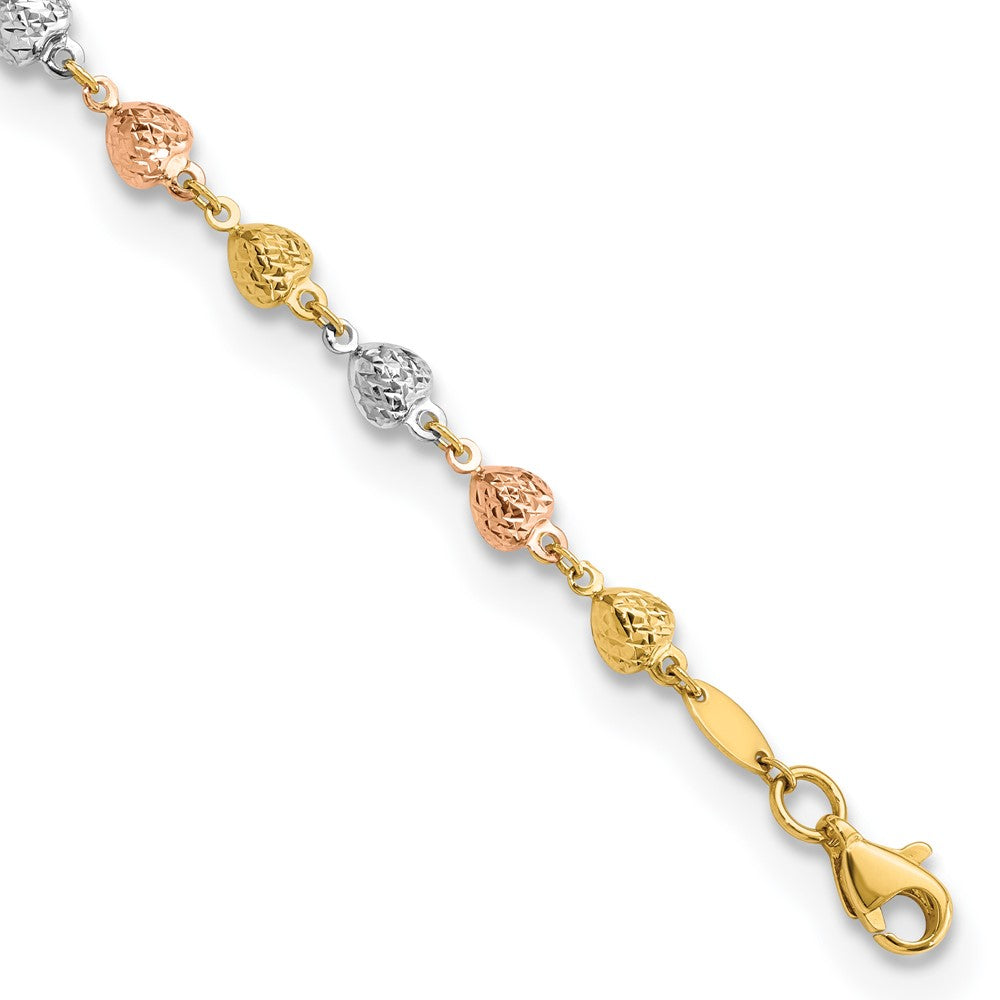 14K Tri-color Polished Diamond-Cut Hearts 7.5 inch Bracelet (3.19 grams)