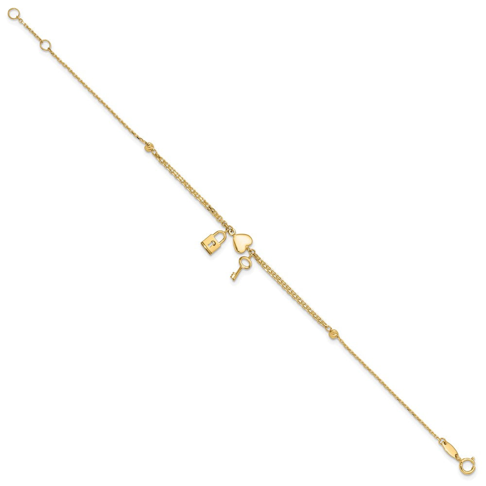 14k Yellow Gold 8 mm Polished and Diamond-cut Heart Lock and Key w/ .5in ext. Bracelet (1.56 grams)