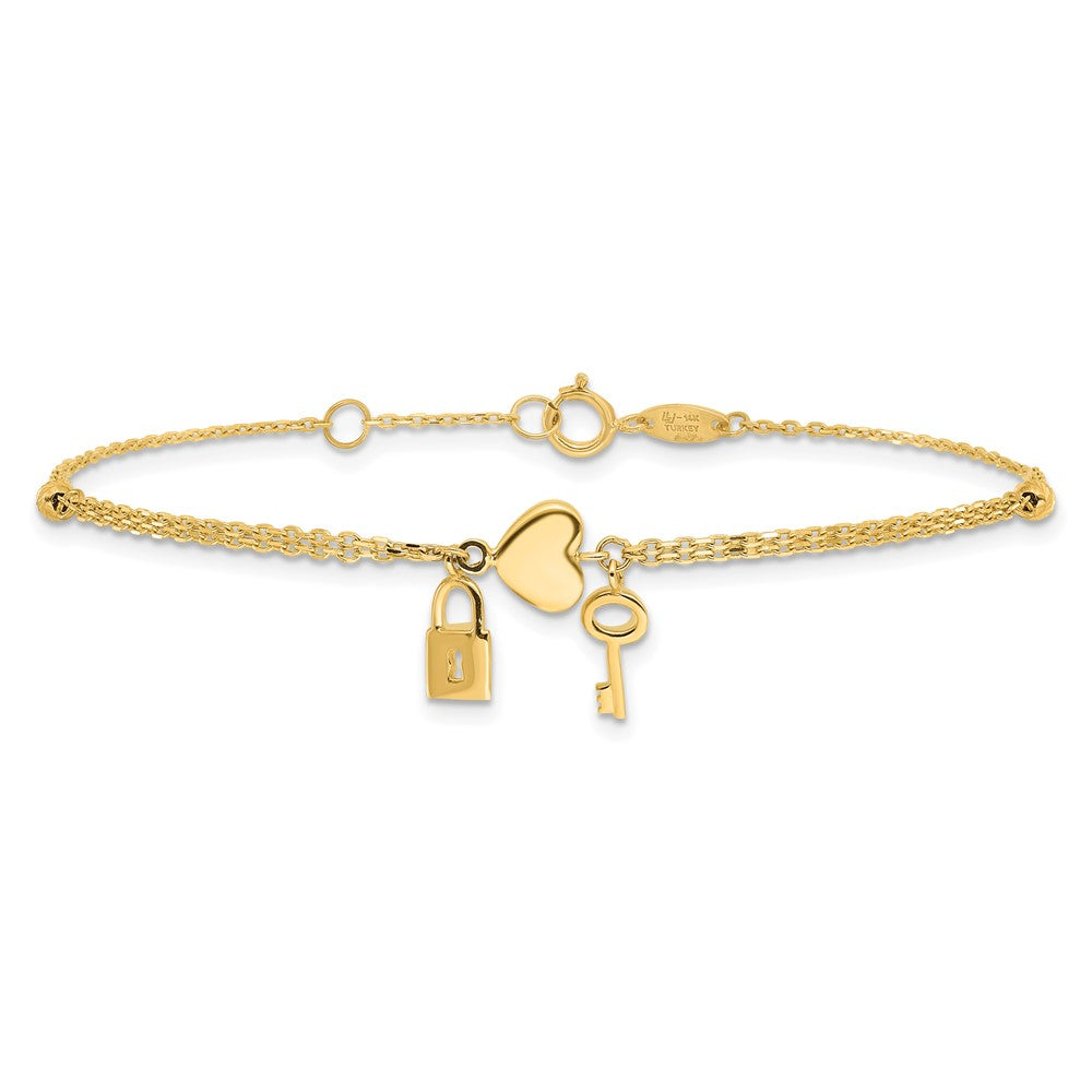 14k Yellow Gold 8 mm Polished and Diamond-cut Heart Lock and Key w/ .5in ext. Bracelet (1.56 grams)