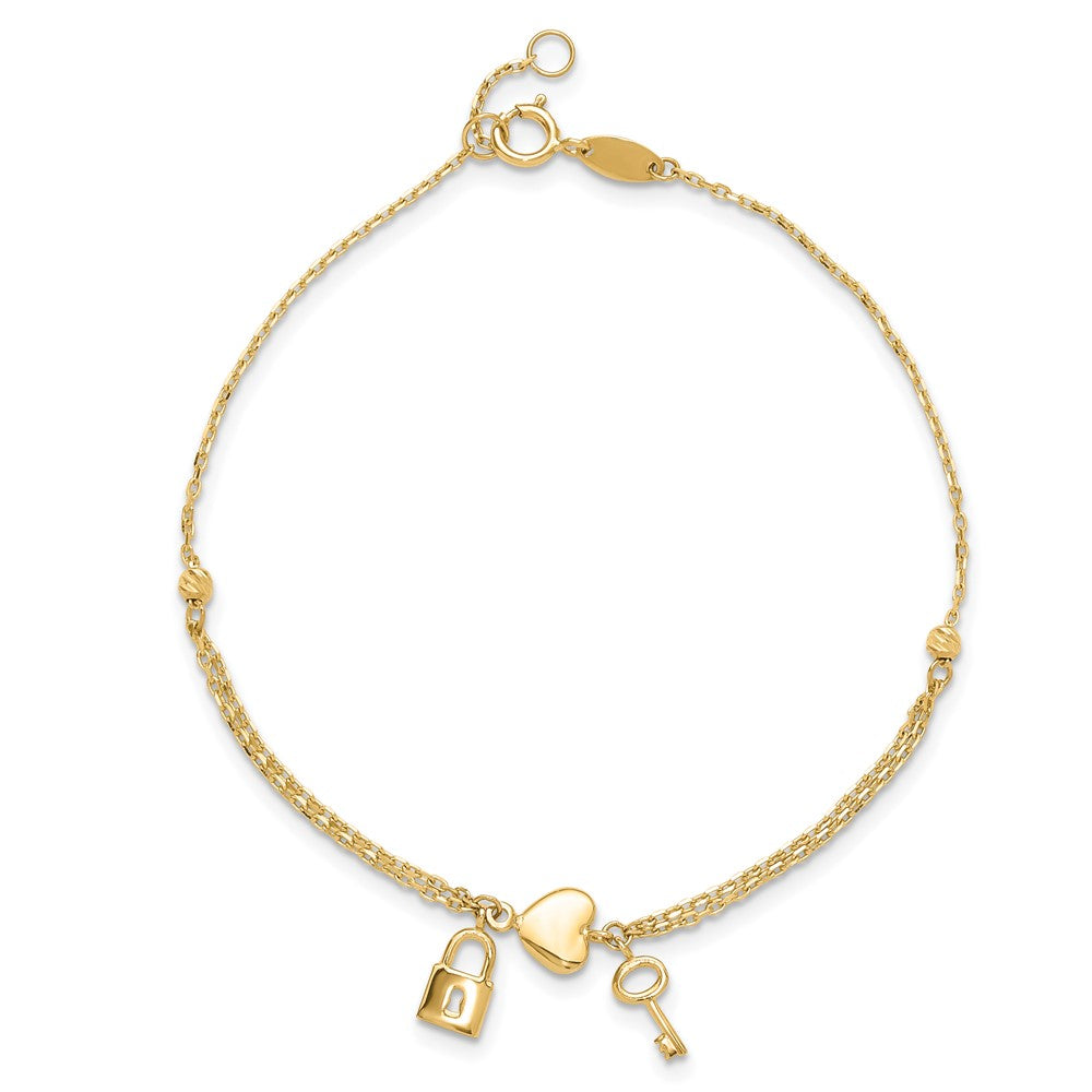 14k Yellow Gold 8 mm Polished and Diamond-cut Heart Lock and Key w/ .5in ext. Bracelet (1.56 grams)