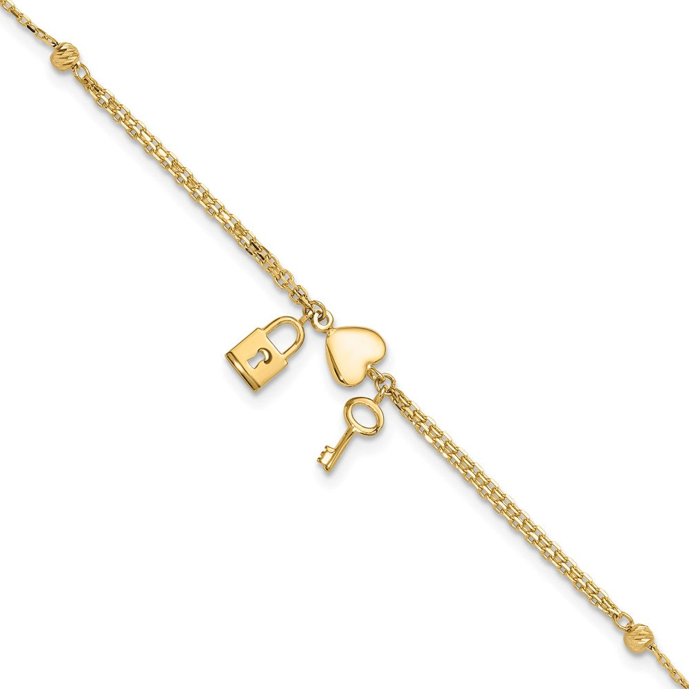 14k Yellow Gold 8 mm Polished and Diamond-cut Heart Lock and Key w/ .5in ext. Bracelet (1.56 grams)