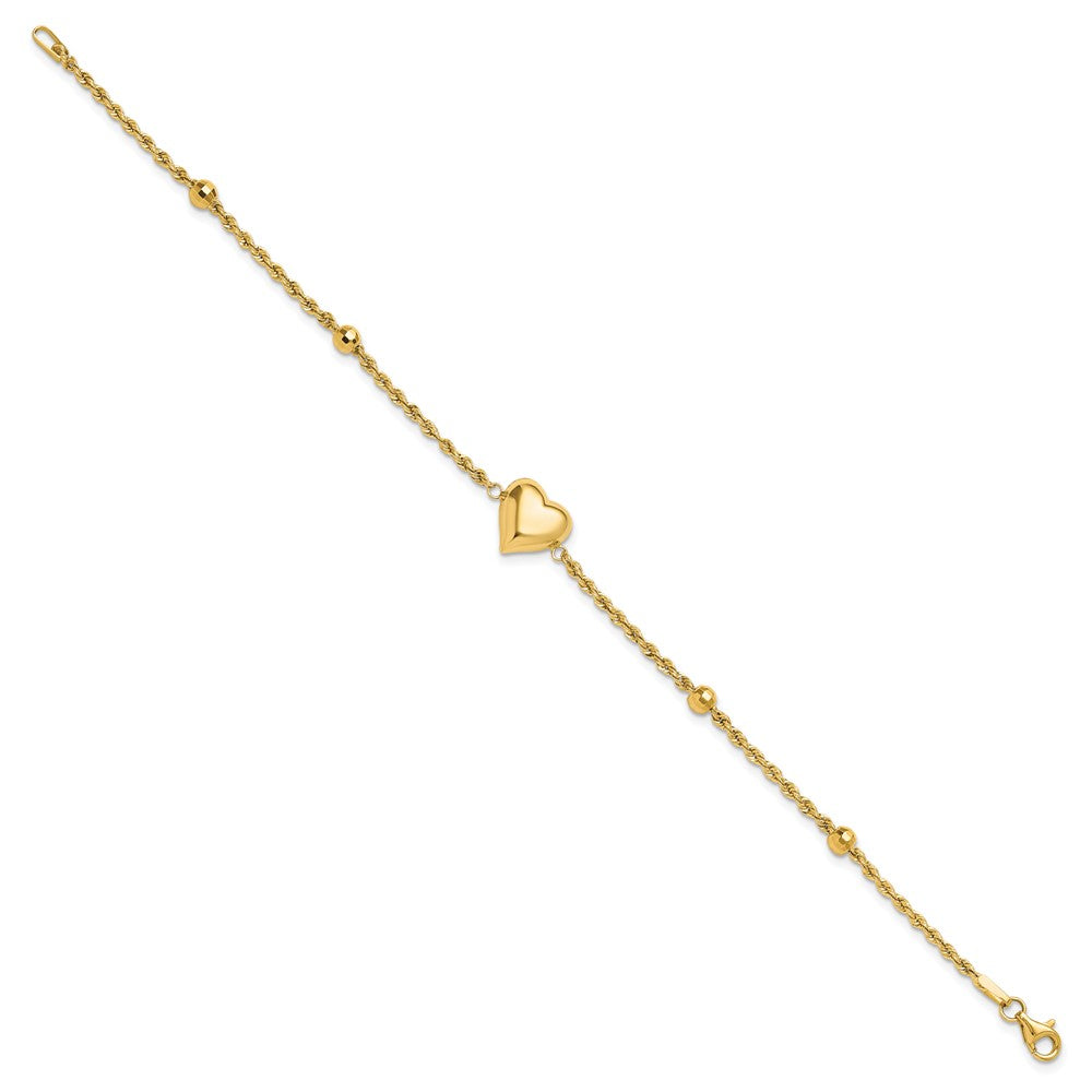 14k Yellow Gold 2.25 mm Polished and D/C Beaded Puff Heart in Bracelet (1.81 grams)