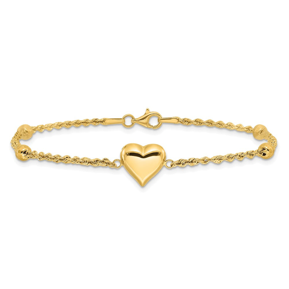 14k Yellow Gold 2.25 mm Polished and D/C Beaded Puff Heart in Bracelet (1.81 grams)