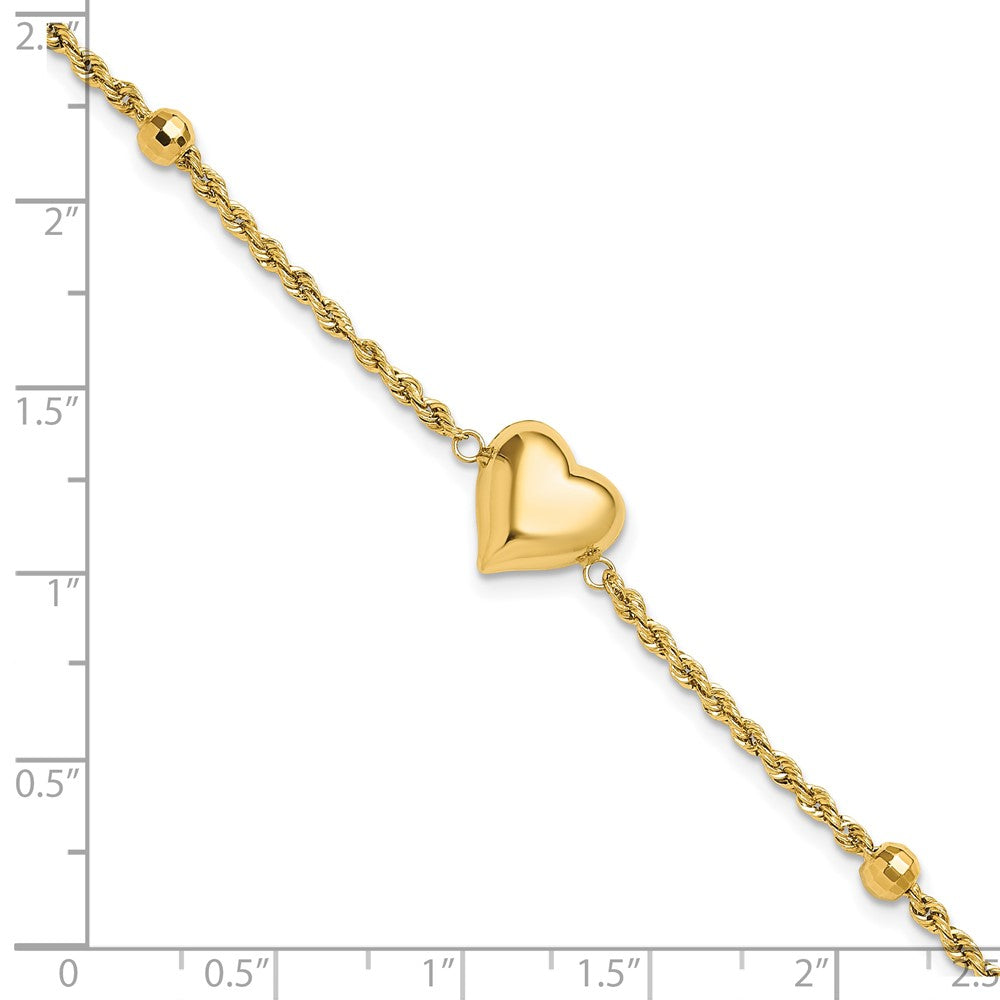 14k Yellow Gold 2.25 mm Polished and D/C Beaded Puff Heart in Bracelet (1.81 grams)