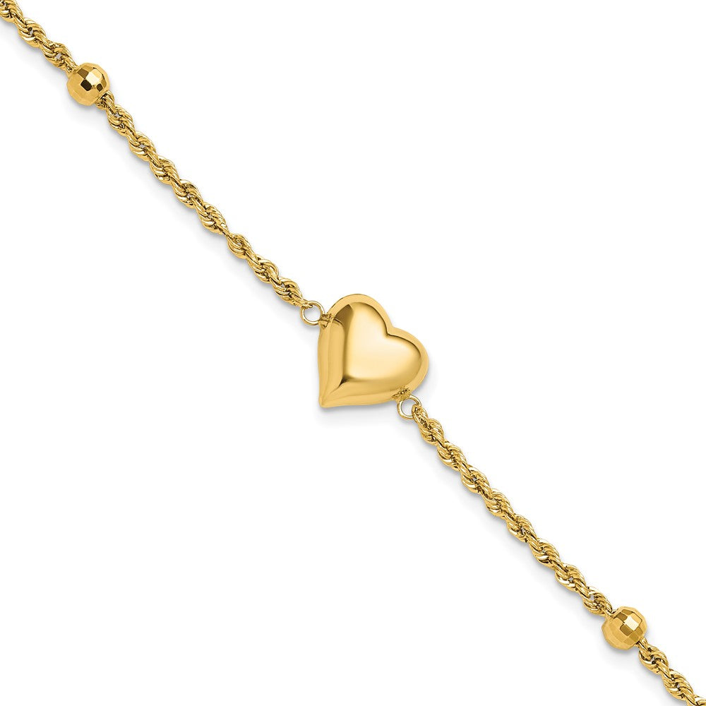 14k Yellow Gold 2.25 mm Polished and D/C Beaded Puff Heart in Bracelet (1.81 grams)