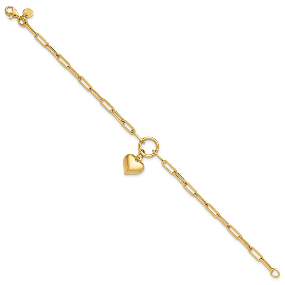 14k Yellow Gold 12.3 mm Polished Puff Heart Paper Clip Link Bracelet (2.56 grams)