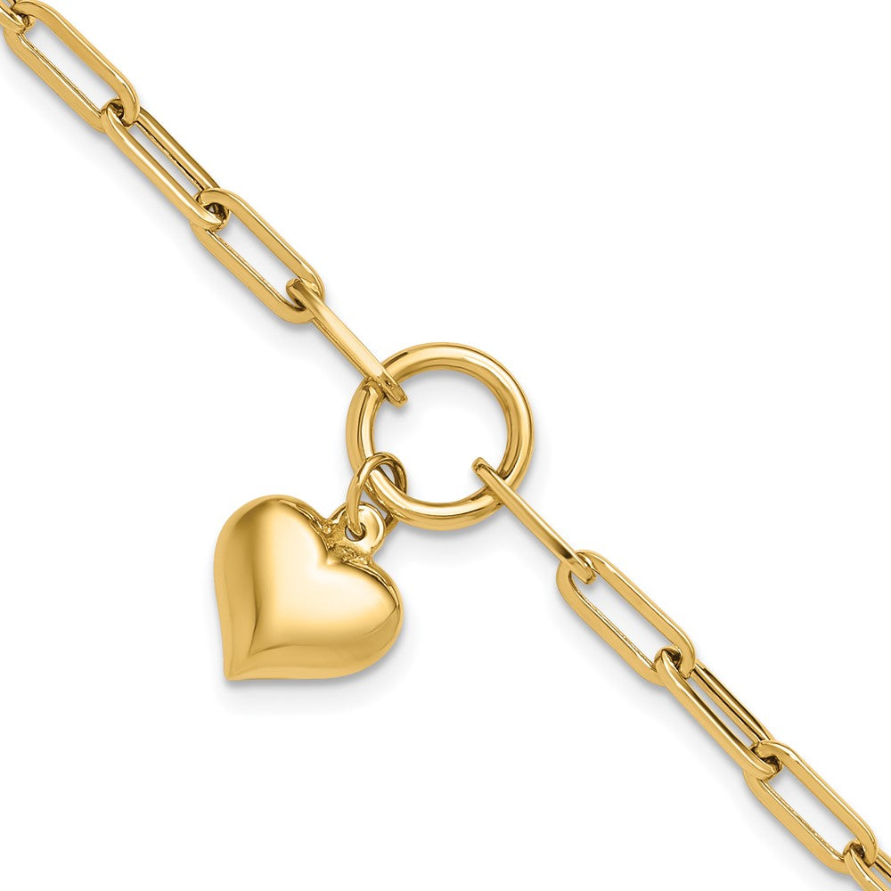14k Yellow Gold 12.3 mm Polished Puff Heart Paper Clip Link Bracelet (2.56 grams)
