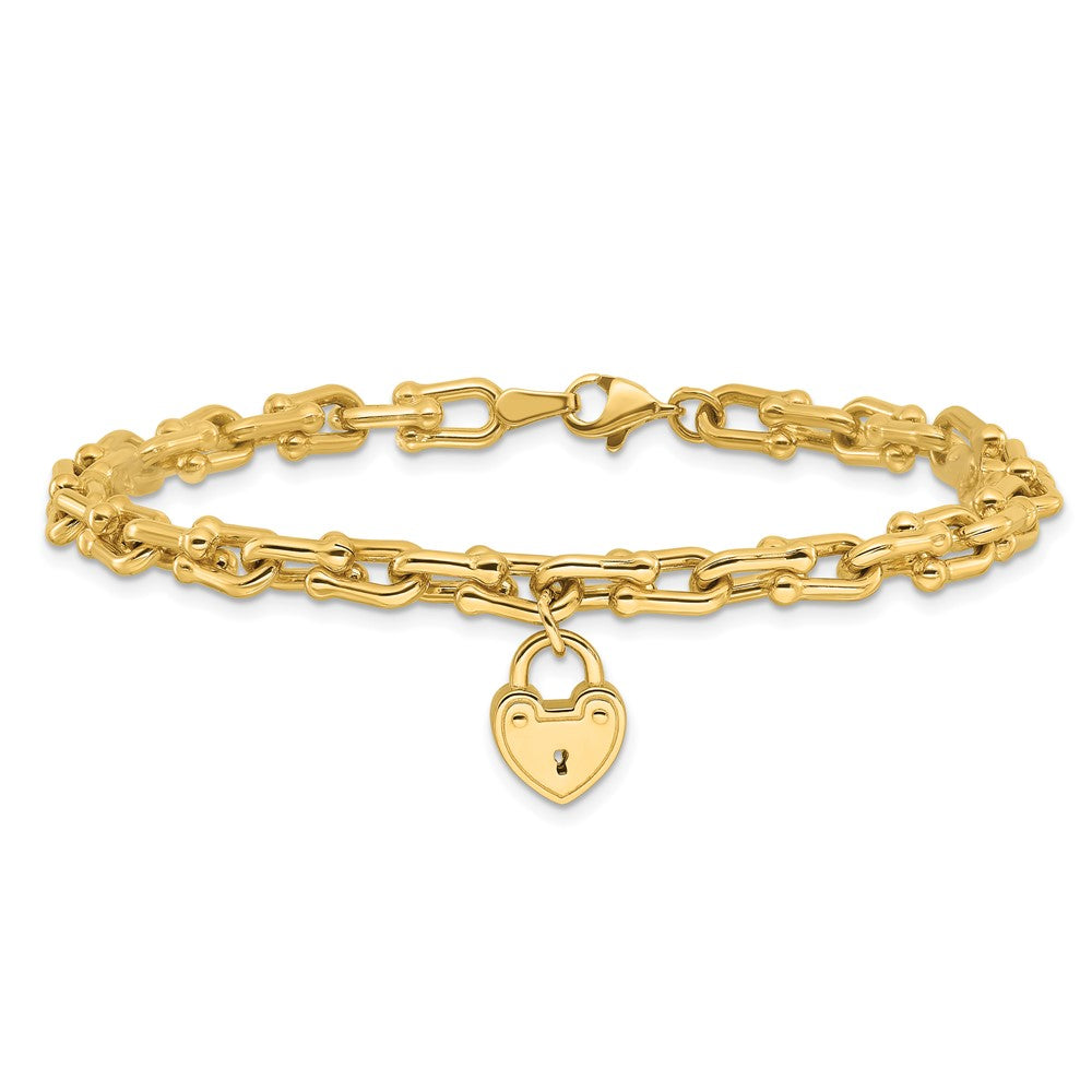 14k Yellow Gold 10.25 mm Polished Heart Lock Charm Link Bracelet (8.74 grams)