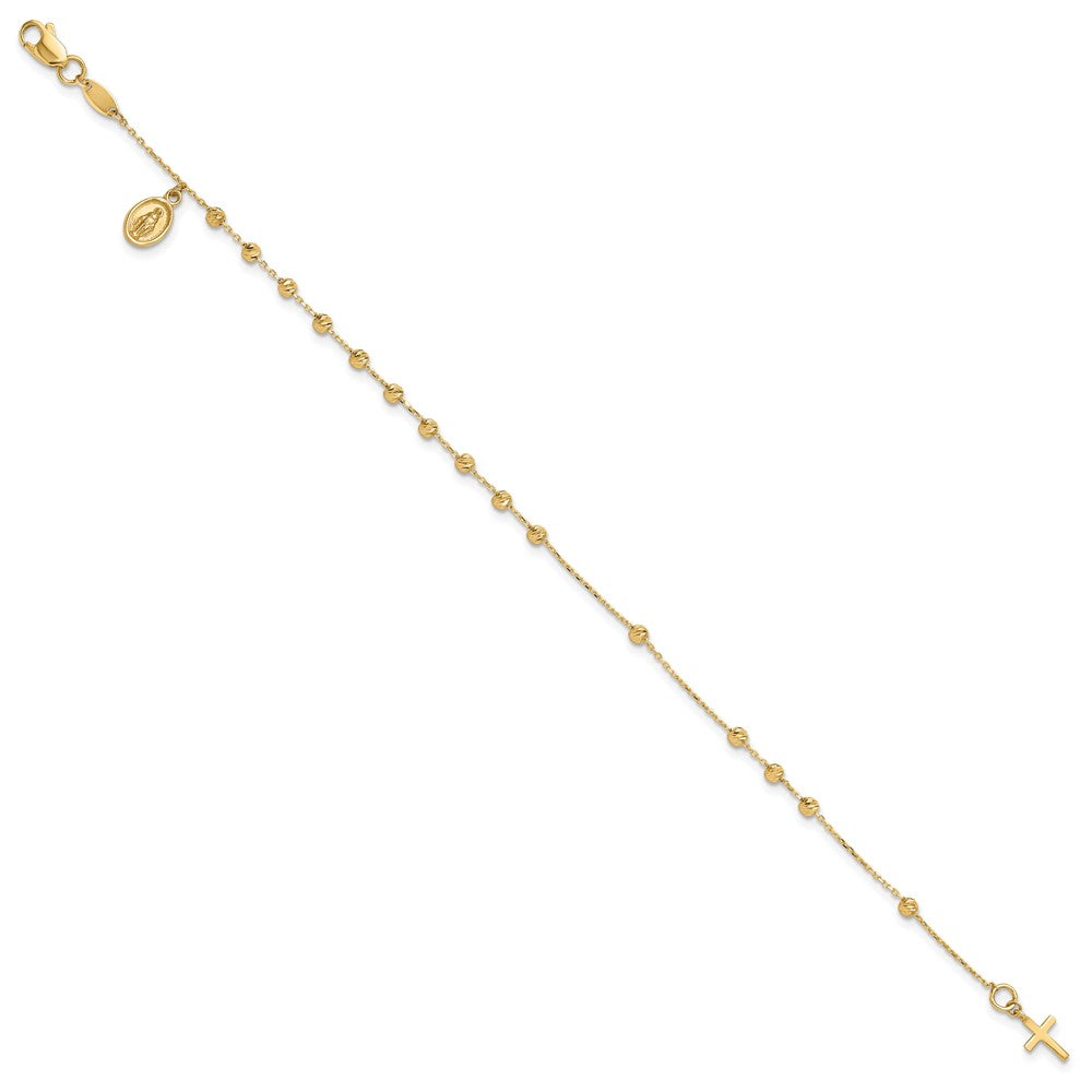 14k Yellow Gold 10 mm Polished and Diamond-cut Miraculous Medal and Cross Rosary Design Brace (2 grams)