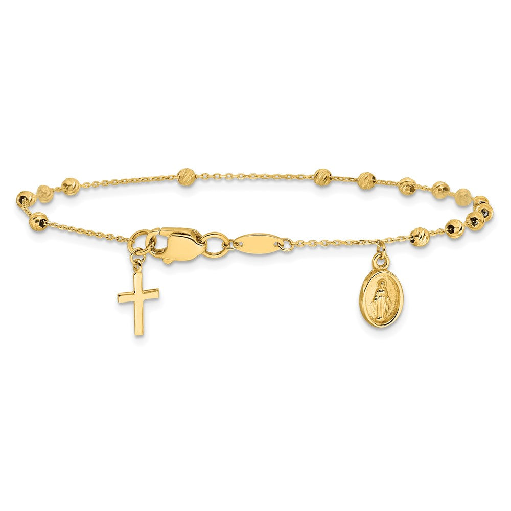 14k Yellow Gold 10 mm Polished and Diamond-cut Miraculous Medal and Cross Rosary Design Brace (2 grams)