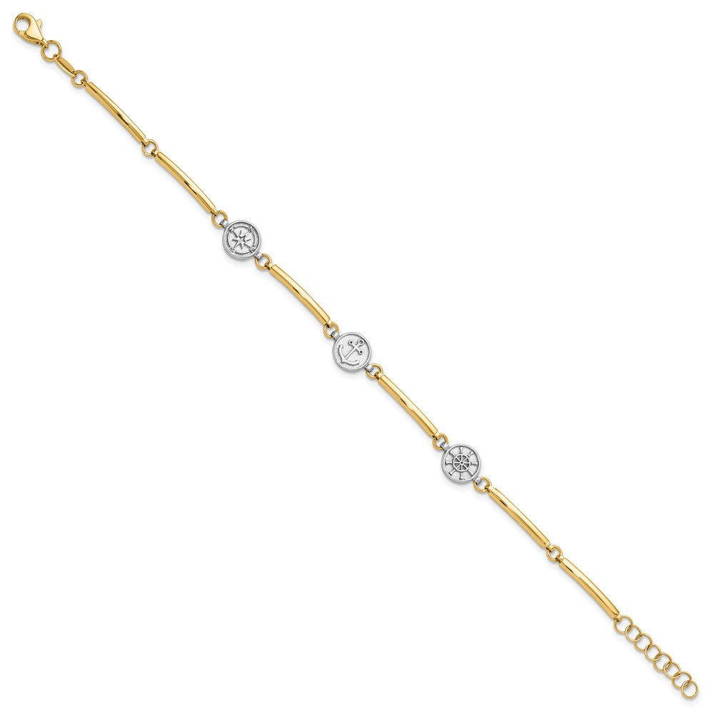 14k Two-tone 8 mm Polished Compass and Anchor w/ 1in ext. Bracelet (4.4 grams)