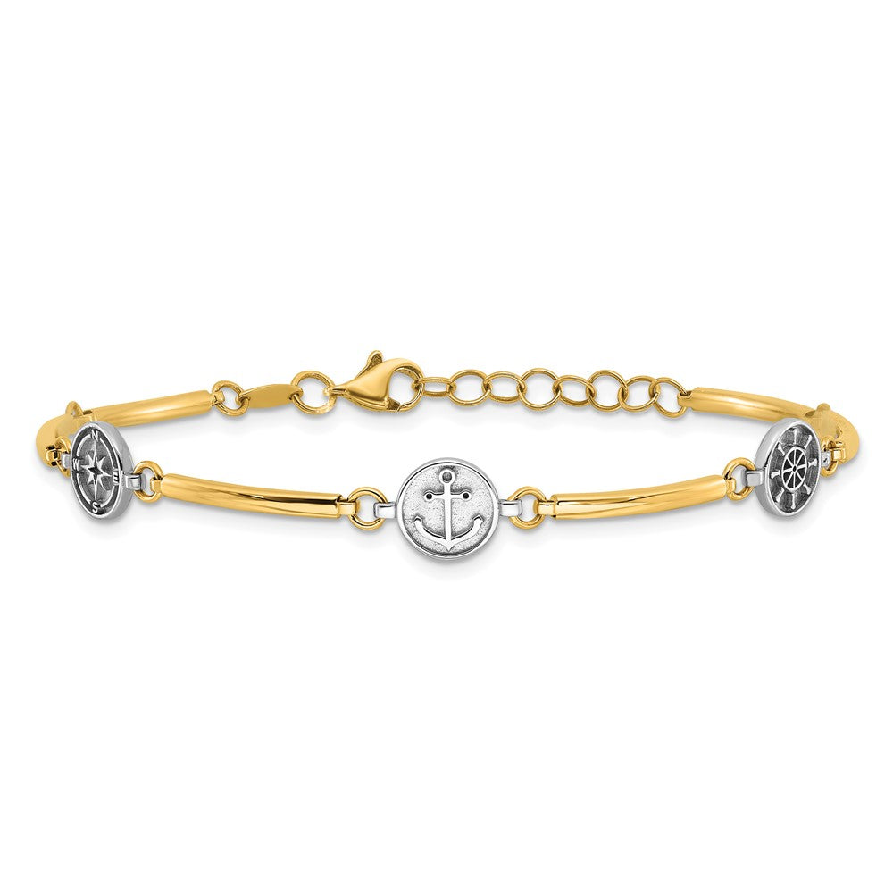 14k Two-tone 8 mm Polished Compass and Anchor w/ 1in ext. Bracelet (4.4 grams)