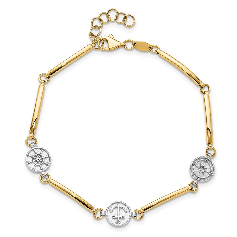 14k Two-tone 8 mm Polished Compass and Anchor w/ 1in ext. Bracelet (4.4 grams)
