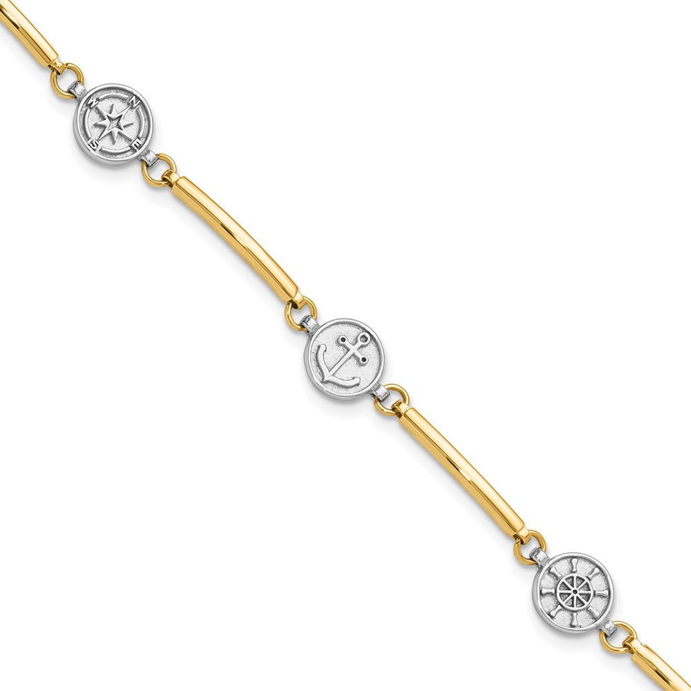 14k Two-tone 8 mm Polished Compass and Anchor w/ 1in ext. Bracelet (4.4 grams)