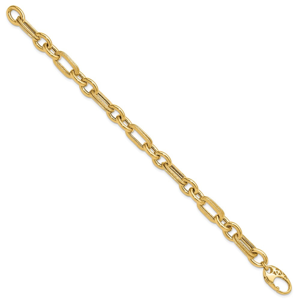 14k Yellow Gold 7.7 mm Polished and Textured Fancy Link Bracelet (7.35 grams)