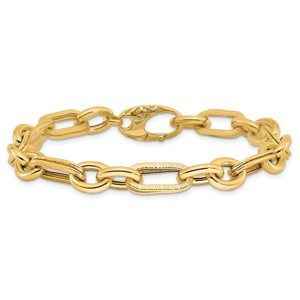 14k Yellow Gold 7.7 mm Polished and Textured Fancy Link Bracelet (7.35 grams)