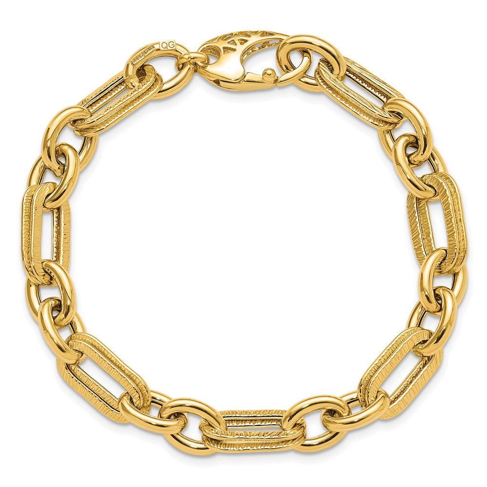 14k Yellow Gold 7.7 mm Polished and Textured Fancy Link Bracelet (7.35 grams)
