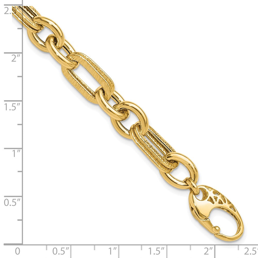14k Yellow Gold 7.7 mm Polished and Textured Fancy Link Bracelet (7.35 grams)