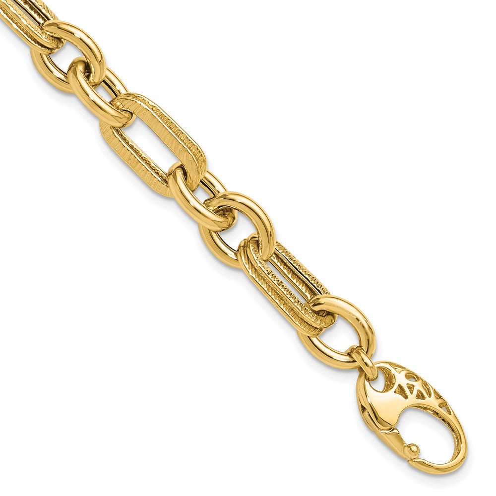 14k Yellow Gold 7.7 mm Polished and Textured Fancy Link Bracelet (7.35 grams)