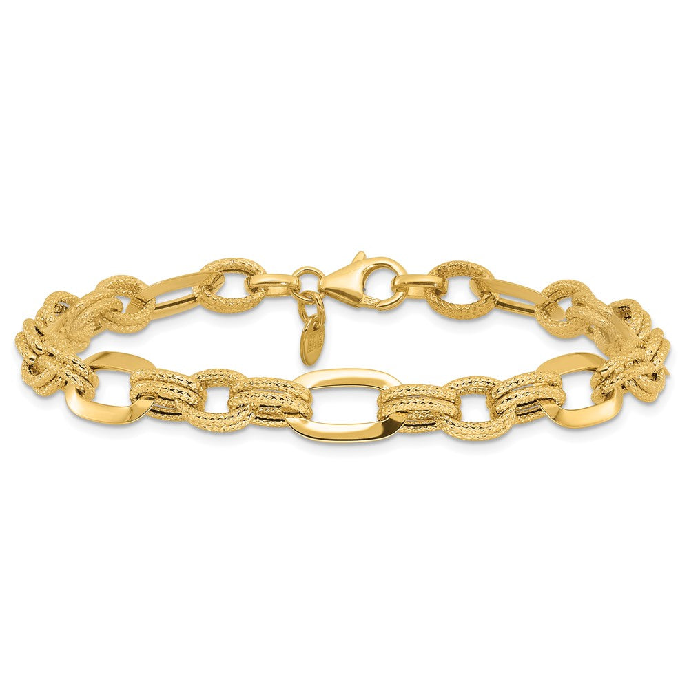 14k Yellow Gold 7.8 mm Polished and Textured Fancy Link Bracelet (4.38 grams)