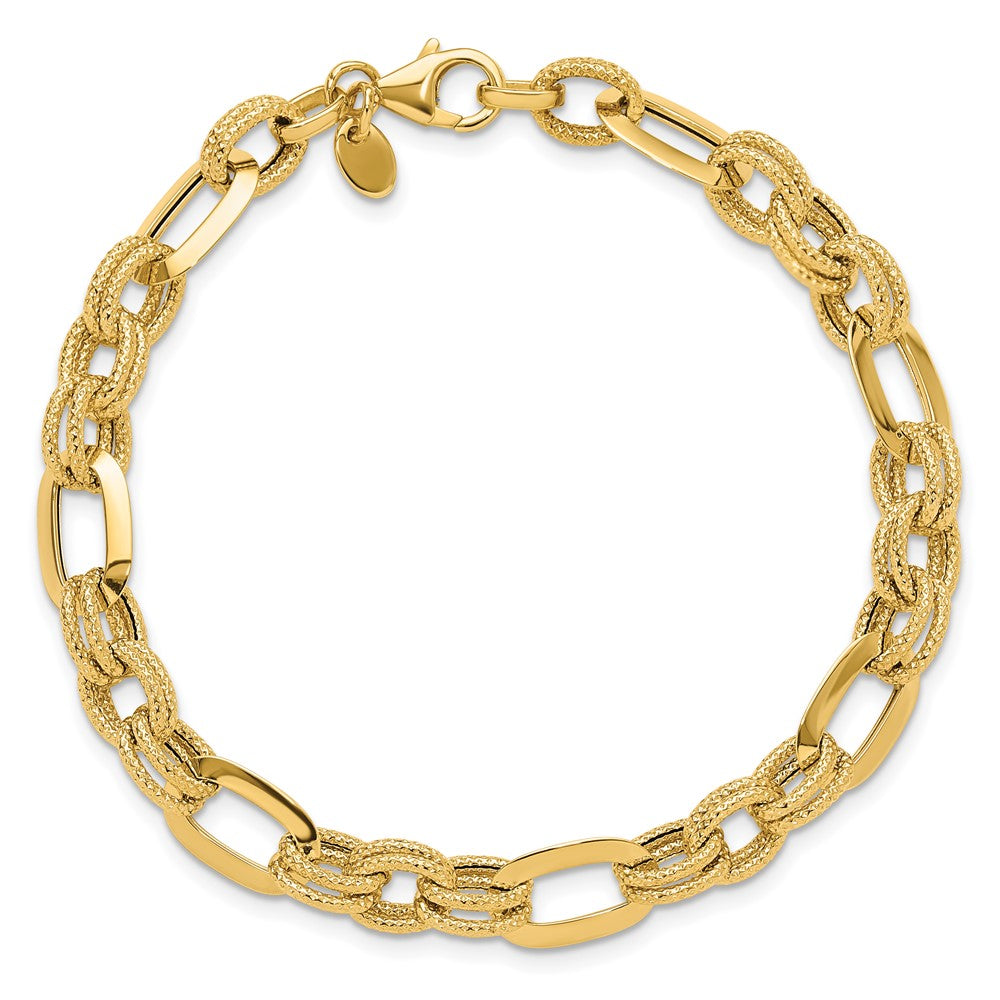 14k Yellow Gold 7.8 mm Polished and Textured Fancy Link Bracelet (4.38 grams)