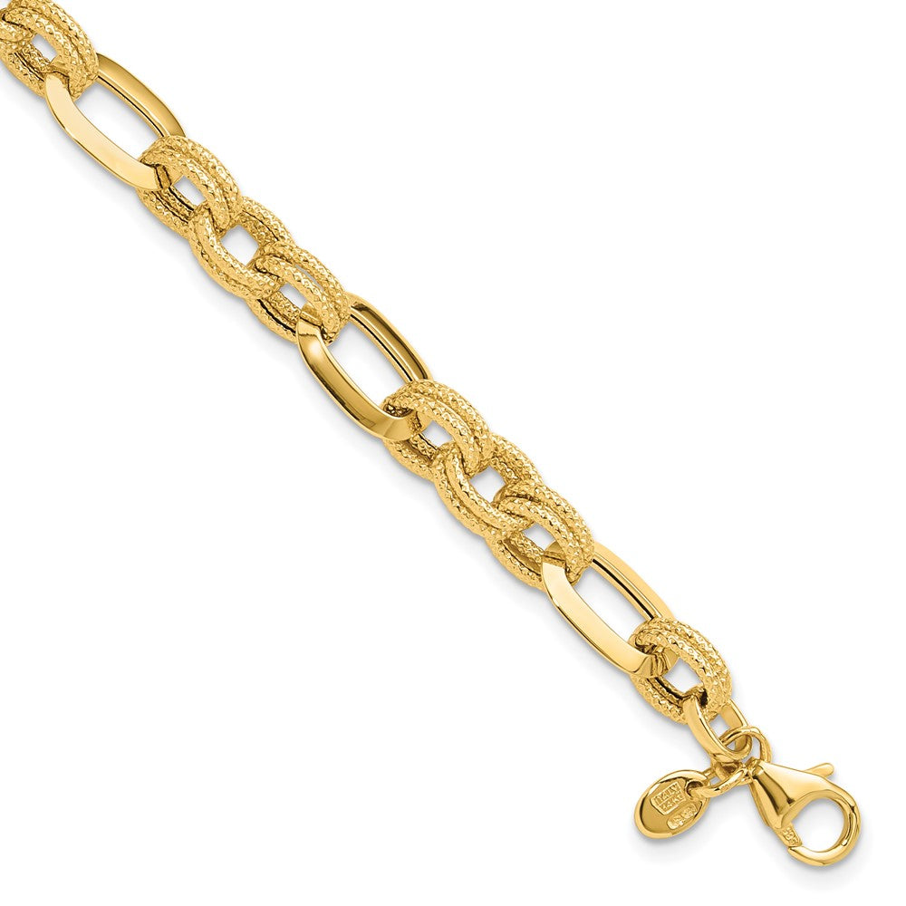 14k Yellow Gold 7.8 mm Polished and Textured Fancy Link Bracelet (4.38 grams)