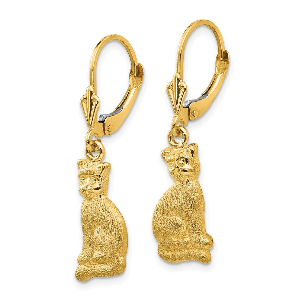 14k Yellow Gold 8 mm Satin Cat Dangle Leverback Earrings (2.56 grams)