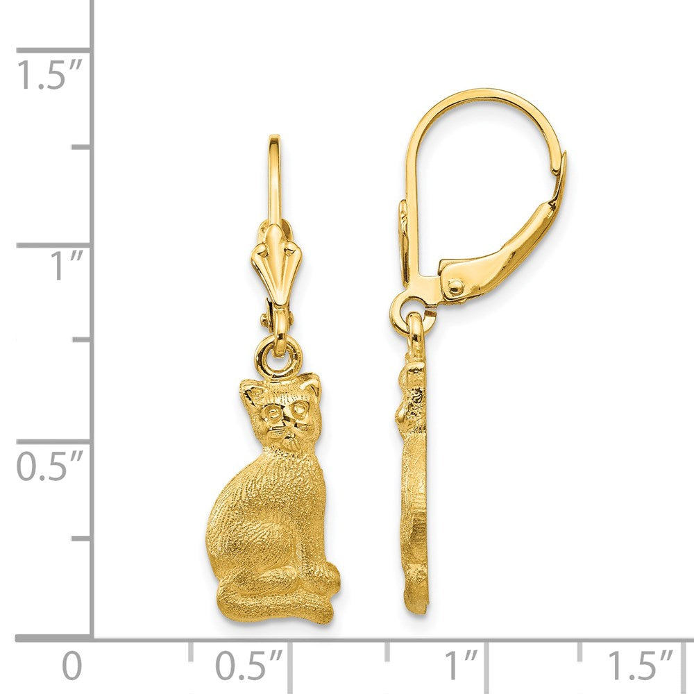 14k Yellow Gold 8 mm Satin Cat Dangle Leverback Earrings (2.56 grams)