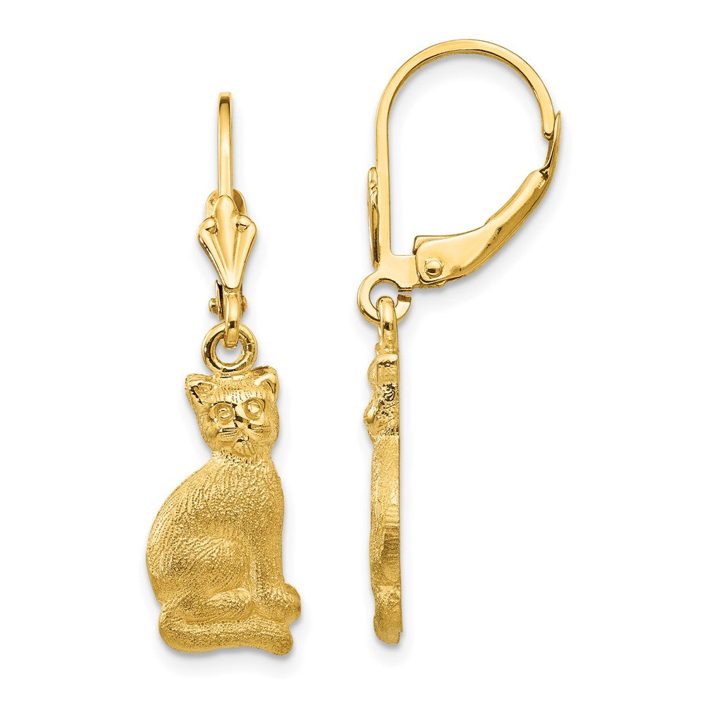 14k Yellow Gold 8 mm Satin Cat Dangle Leverback Earrings (2.56 grams)