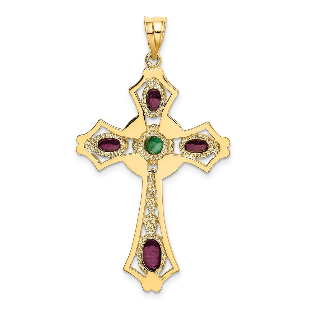 14k Yellow Gold 25 mm Ruby and Emerald Cabochon Cross Pendant (3.6 grams)
