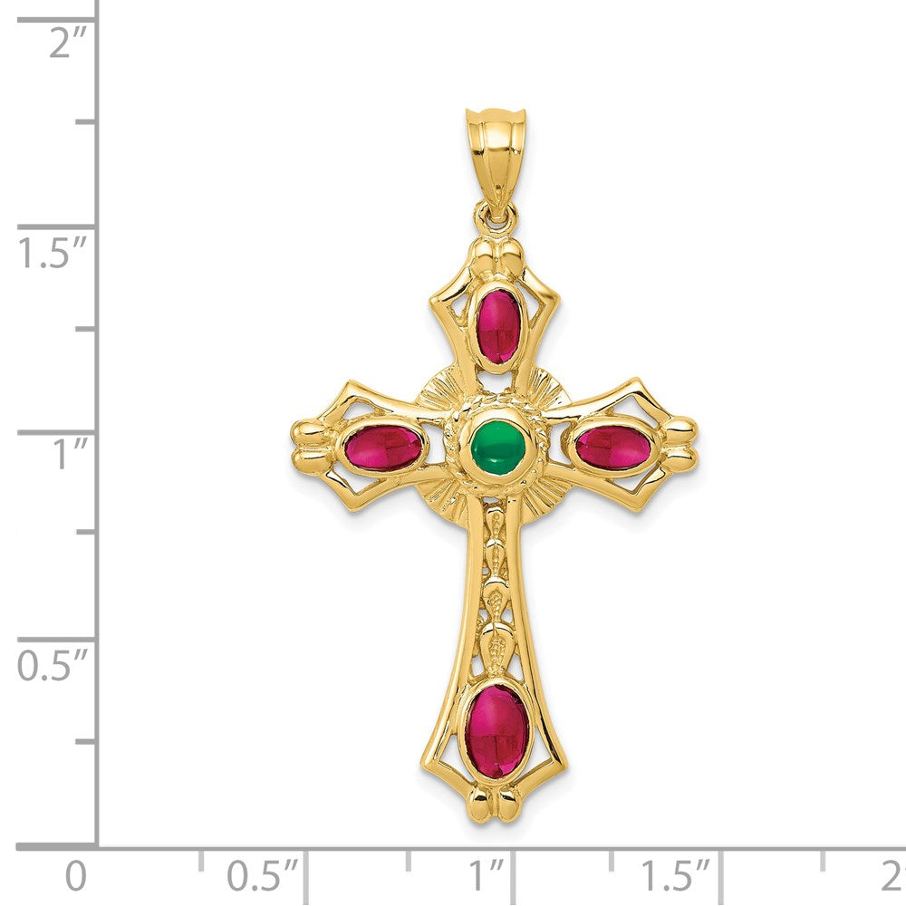 14k Yellow Gold 25 mm Ruby and Emerald Cabochon Cross Pendant (3.6 grams)