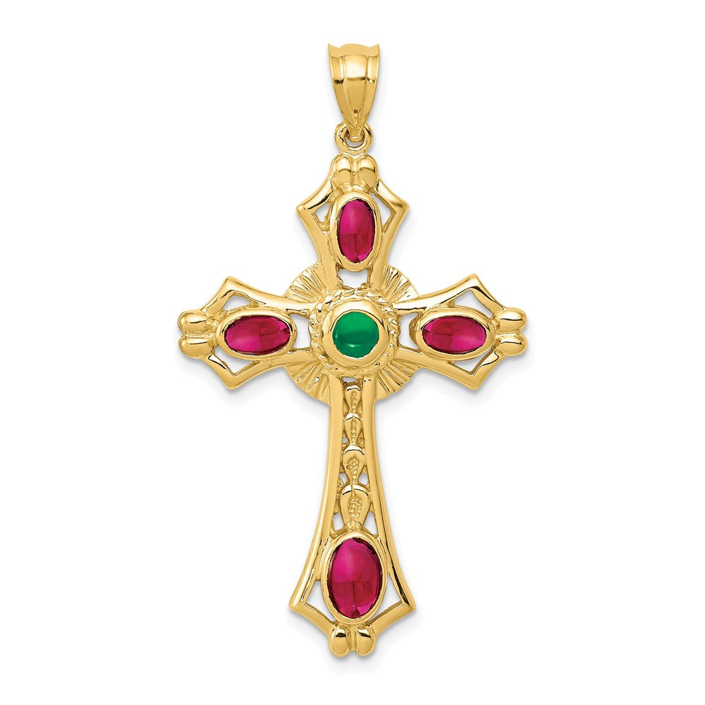 14k Yellow Gold 25 mm Ruby and Emerald Cabochon Cross Pendant (3.6 grams)