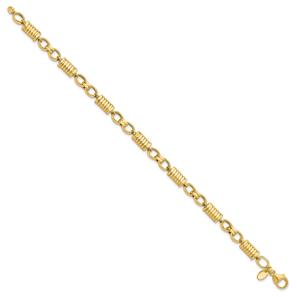 14k Yellow Gold 5.4 mm Polished and Grooved Fancy Link Men's Bracelet (9.29 grams)