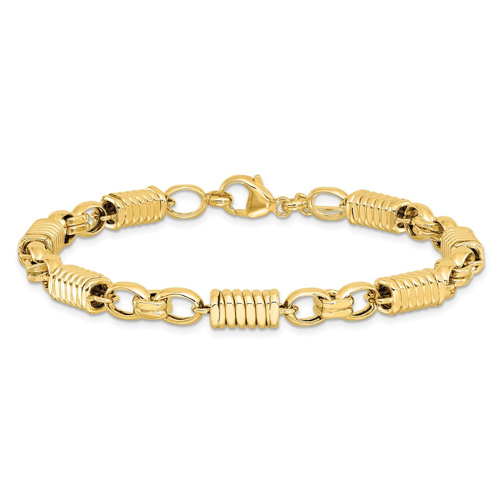 14k Yellow Gold 5.4 mm Polished and Grooved Fancy Link Men's Bracelet (9.29 grams)