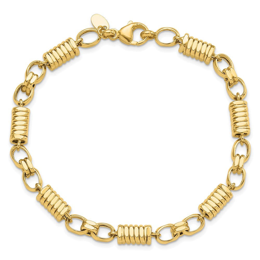 14k Yellow Gold 5.4 mm Polished and Grooved Fancy Link Men's Bracelet (9.29 grams)