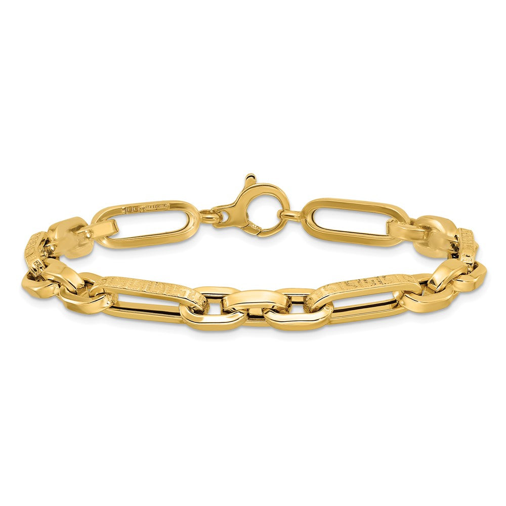 14k Yellow Gold 7.2 mm Polished and Textured Design Fancy Link Bracelet (7.98 grams)