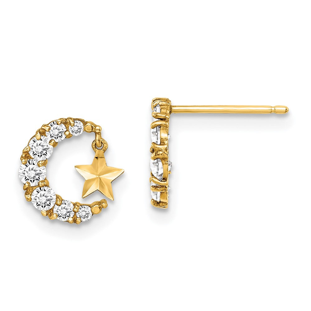 14k Madi K CZ Crescent Moon with D/C Star Dangle Post Earrings (0.69 grams)