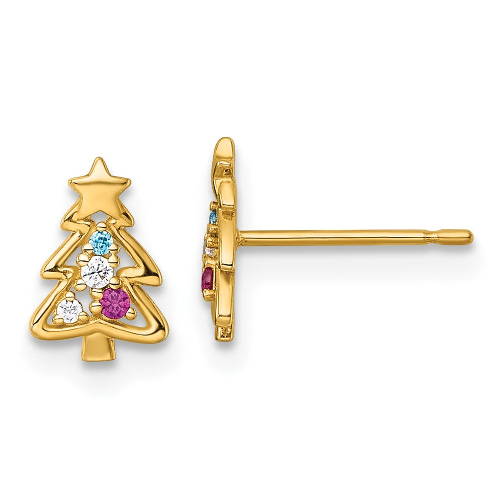 14k Madi K Polished Green Glass Red and CZ Christmas Tree Post earrings (0.61 grams)
