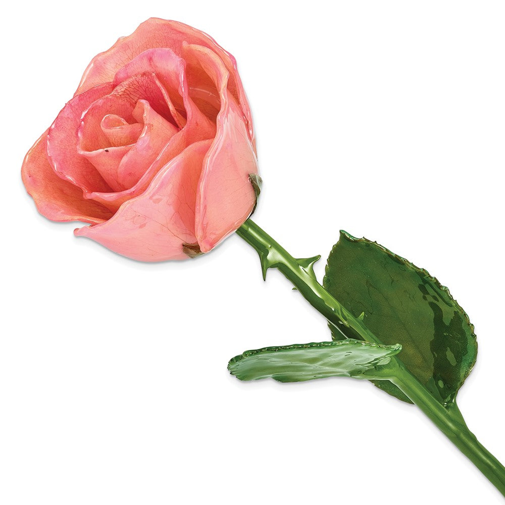 Lacquer Dipped Natural Pink Rose w/Green Leaves and Stem