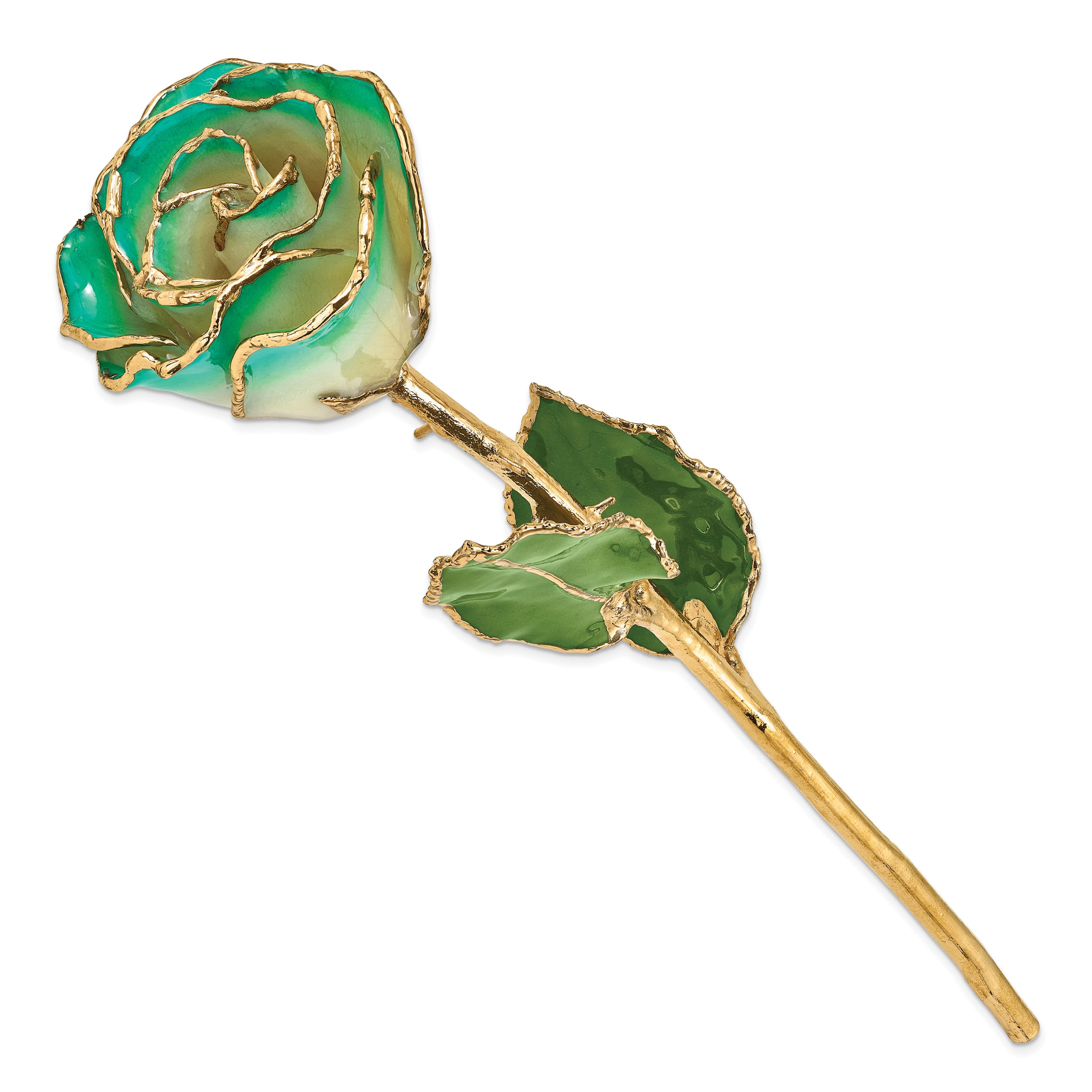 Lacquer Dipped Gold Trim White/Turquoise Green Rose