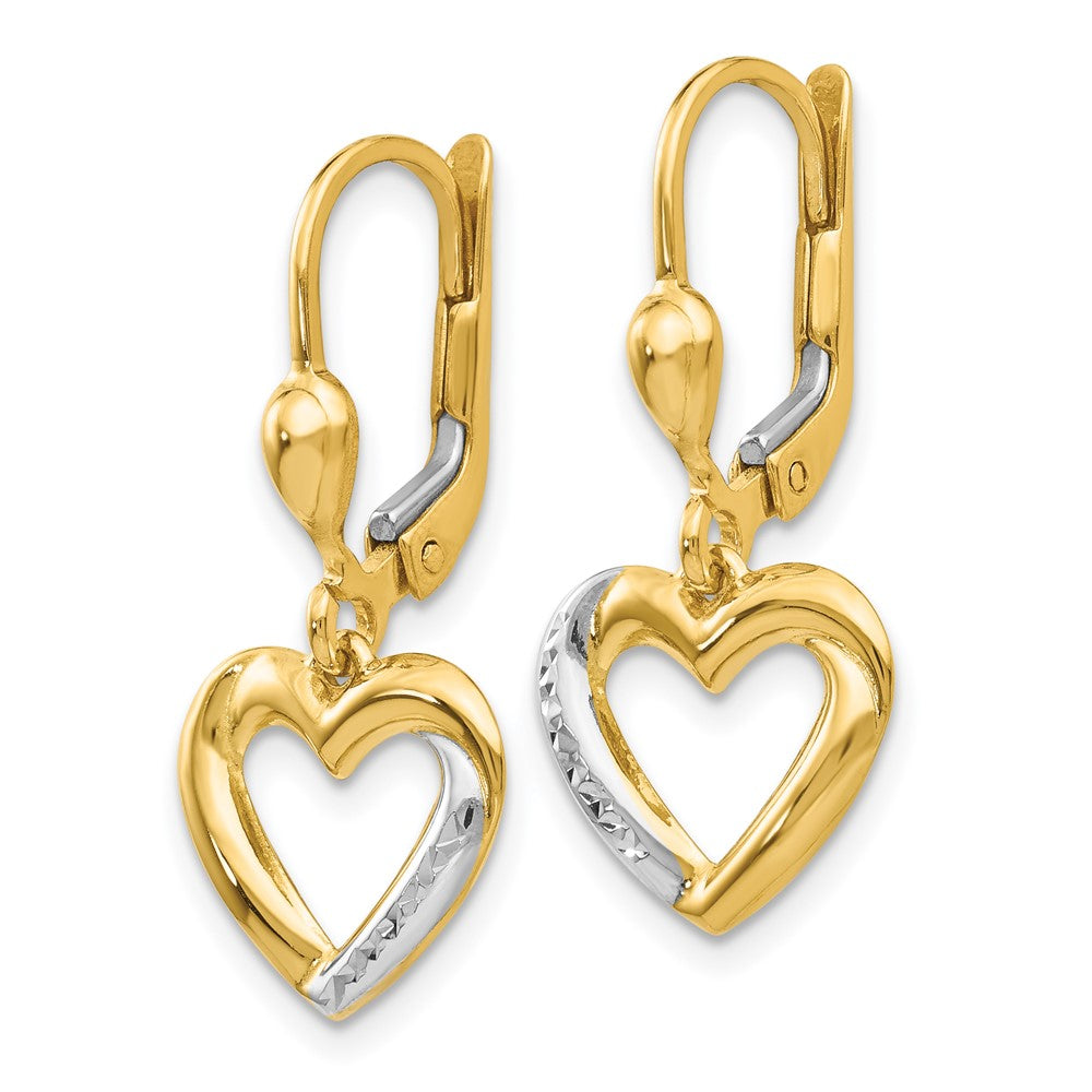 14k Yellow & Rhodium 11.75 mm Textured and Polished Heart Leverback Earring (1.83 grams)