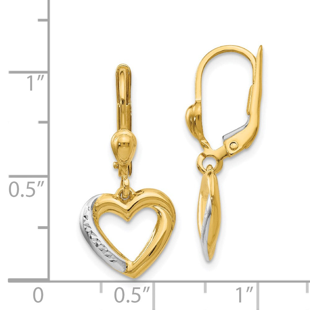 14k Yellow & Rhodium 11.75 mm Textured and Polished Heart Leverback Earring (1.83 grams)