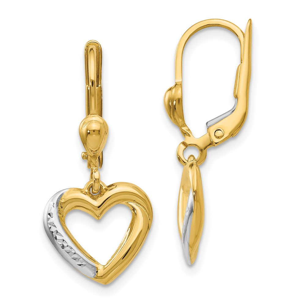 14k Yellow & Rhodium 11.75 mm Textured and Polished Heart Leverback Earring (1.83 grams)