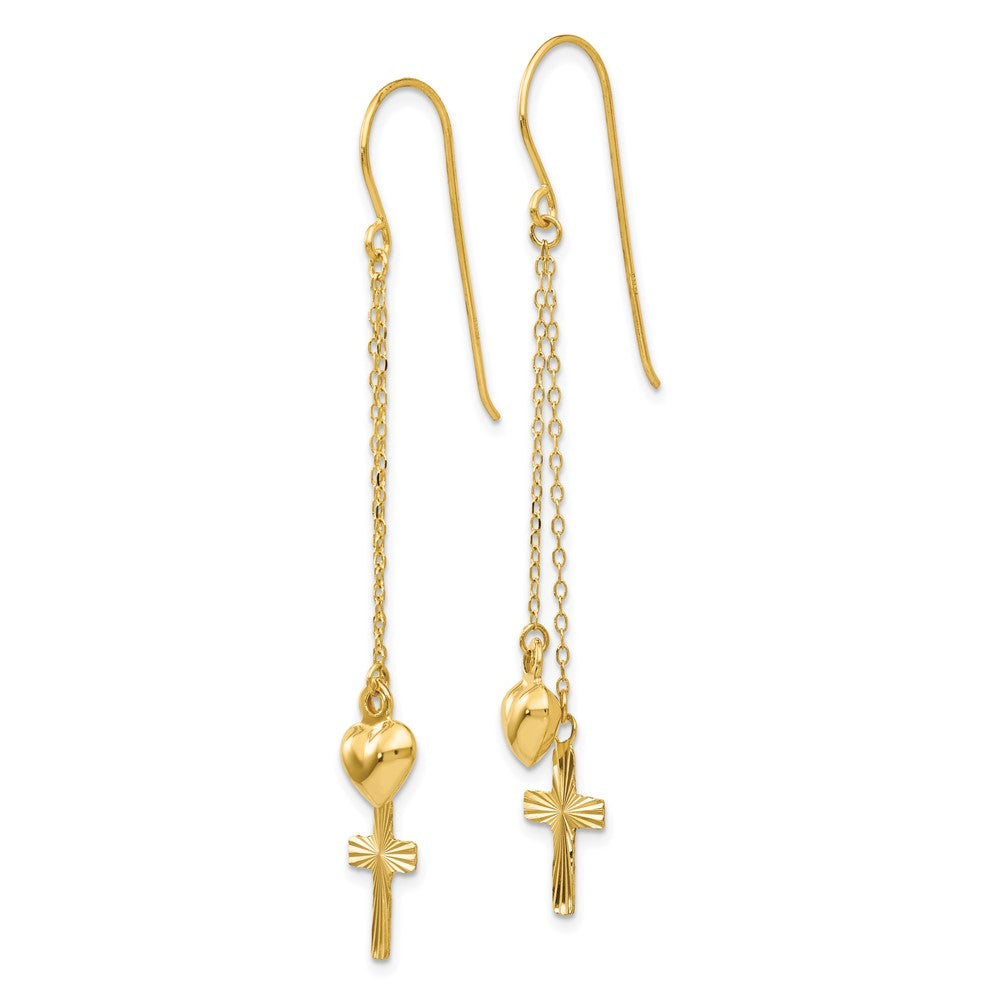 14k Yellow Gold 8 mm Ropa Chain Puffed Heart and Diamond Cut Cross Dangle Earrings (1.17 grams)