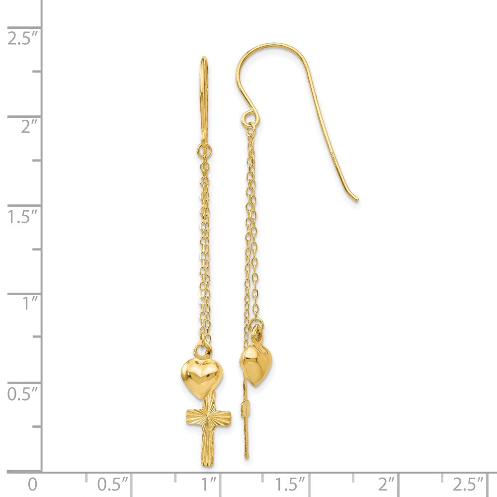 14k Yellow Gold 8 mm Ropa Chain Puffed Heart and Diamond Cut Cross Dangle Earrings (1.17 grams)